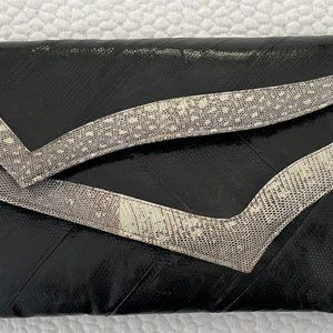 Vintage 1980's Black Leather Clutch with Snake Skin Trimmed Double Flap
